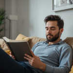 Emprendedor lee relajado sobre el sofa - Gadgetshop